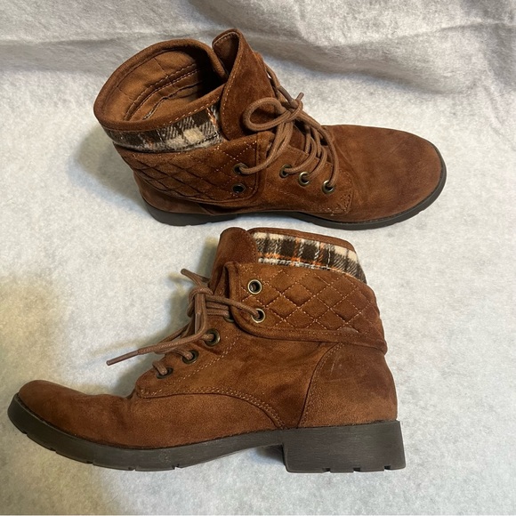 Shoes - Brown fashion plaid winter booties lace up ankle boots